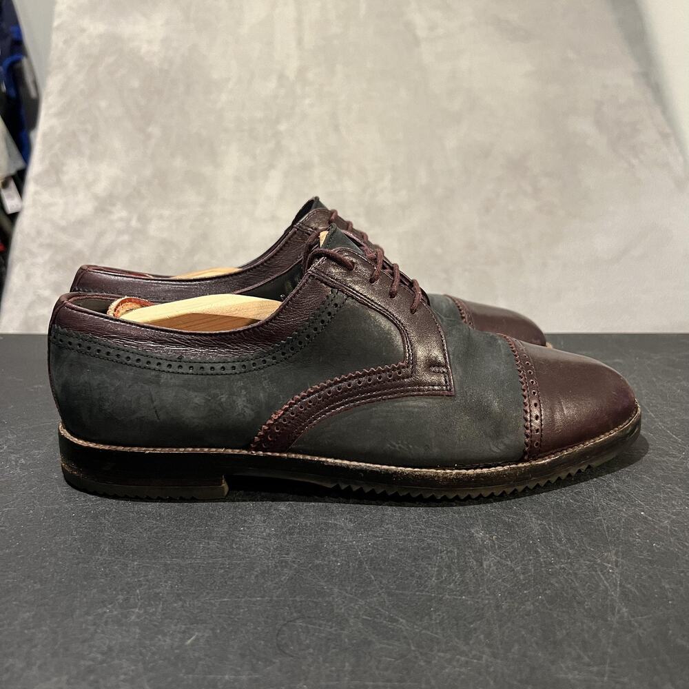 Bally Derby Shoes Mens Size 9 E Oxblood Black Cap Toe Leather Nubuck Brogue